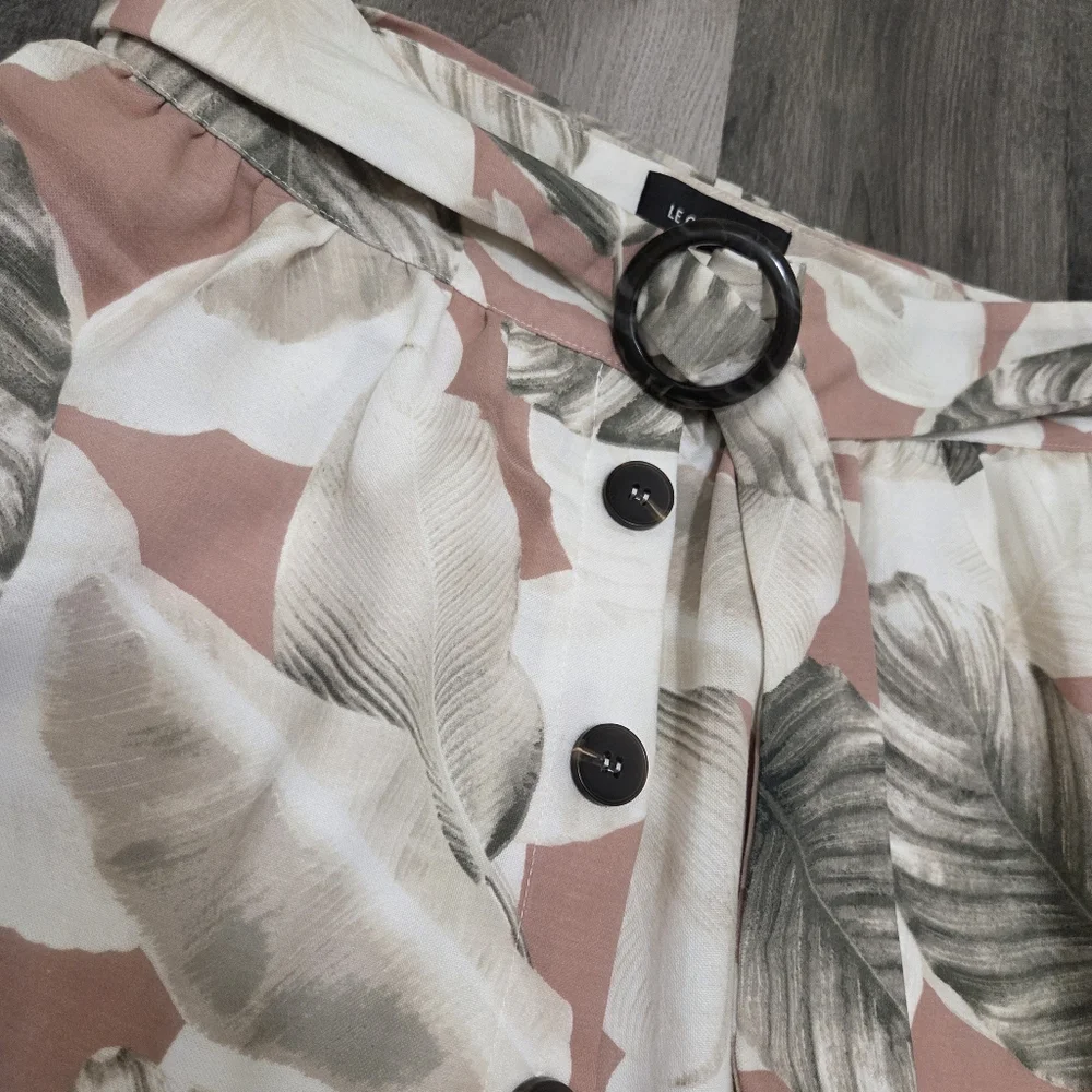 Le Château Rayon Blend Leaf Print Skirt | High-Waist Button Front Belted A-Line - Picture 3 of 7
